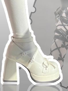 These Mary Jane shoes feature a chunky high heel design, perfect for adding a touch of elegance and height to your look. The shoes are adorned with a charming bow at top, adding a delicate and feminine touch. The instep is secured with a stylish cross-strap buckle, ensuring a snug and comfortable fit. Additionally, the shoes come with an ankle strap that wraps around your ankle, providing extra support and a chic appearance.  Please note that the price includes one pair of shoes only. White Platform Heels, Pink Platform Heels, Cute Shoes Heels, Pink Platforms, Kawaii Shoes, Designer High Heels, Platform Block Heels, Platform Mary Janes, Heel Design