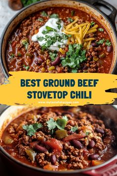 Satisfy your chili cravings with this ultimate Ground Beef Stovetop Chili! A simple and delicious recipe that’s full of bold flavors, it’s the perfect dish for any occasion, from weeknights to weekend gatherings. Cozy Chili Recipe, Ground Meat Chili Recipe, Chili Recipe On Stovetop, Chili Ground Beef Recipes, Chili With Chili Beans, Chilli For Two, Chili Recipe Stovetop Ground Beef, Classic Chili Recipe Stovetop