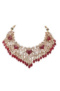 22kt gold plated diamond carved necklace with red kundan embellishment and bead drops. Comes with earrings. - Aza Fashions Carved Necklace, Jewellery Sets, Cut Work, Mixed Metals, Jewelry Trends, Aza Fashion, Necklace Set, Jewelry Sets, Gold Plate