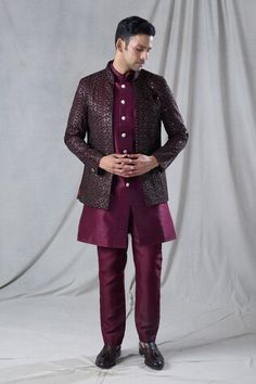 Maroon long jacket with abstract, geometric, sequin embroidery. Paired with an inner kurta. Comes along with a pant. - Aza Fashions Formal Sets With Resham Embroidery For Fall, Fall Bandhgala With Intricate Embroidery, Festive Party Outerwear With Intricate Embroidery, Intricate Embroidery Festive Sets For Fall, Festive Sets With Intricate Embroidery For Fall, Festive Fall Sets With Intricate Embroidery, Long Sleeve Nehru Jacket With Mirror Work For Reception, Fitted Bandhgala For Designer Wear In Fall, Festive Party Outerwear With Resham Embroidery