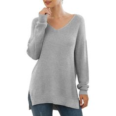 JWD Women's V-Neck Long Sleeve Side Split Loose Casual Knit Pullover Sweater Blouse Size: XL.  Color: Gray.  Gender: female.  Age Group: adult. Jumper Style, Oversized Outfit, Types Of Coats, Comfortable Sweater, Blouse Material, Plus Size Sweaters, Light Sweater, Knit Pullover, Knitted Pullover Sweaters