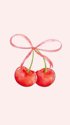 two cherries tied with pink ribbon on top of a white background, watercolor