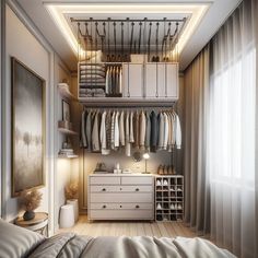 a bedroom with a bed, dresser and shelves filled with clothes on top of them