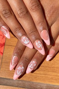 Hibiscus Nail Design, Pink Barbie Nails, Y2k Hibiscus, Barbie Nails, Summer Acrylic, Y2k Nails, Gel Press, Pink Barbie, Summer Acrylic Nails