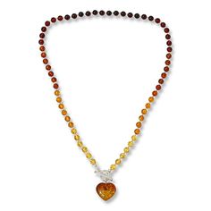 Amber Extraordinaire 20" Beaded Heart Drop Toggle Necklace  Bold and aglow, the heart-shaped amber dangling from this beaded necklace is a stunning way to wear your love for the ancient tree resin. Treat yourself to a wonder of the gemstone world.        Necklace approx. 20"L x 1/4"W     Drop approx. 1"L x 13/16"W     Stamped .925 sterling silver; polished finish      Amber bead and sterling silver bead necklace: forward-facing toggle clasp    Stone Information       All sizes and weights approximate     Honey Baltic Amber: Heart-shaped (20x19mm), smooth bead (6mm); collected in Poland     Ombre Baltic Amber: Heart -shaped (20x19mm); collected in Poland     Cognac Baltic Amber: Heart-shaped (20x19mm), smooth bead (6mm); collected in Poland     Cherry Baltic Amber: Smooth bead (6mm); collec Yellow Heart Beads Jewelry For Valentine's Day, Yellow Jewelry With Heart Beads For Valentine's Day, Valentine's Day Yellow Jewelry With Heart Beads, Orange Heart Beads For Jewelry Making, Amber Heart, World Necklace, Multi Necklace, Beaded Heart, Toggle Necklace