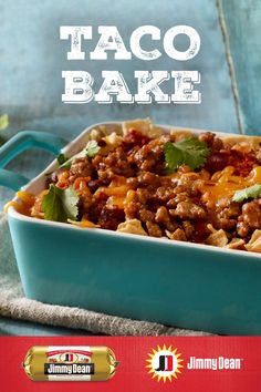 a blue casserole dish filled with taco bake