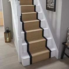 there is a stair case on the wall next to the carpeted stairs in this house