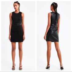 Nwt. Zara Black Combined Textured Faux Leather Dress Sleeveless, With A Round Neckline, Back Zipper Hidden In The Seam. Size M. Ref. 3046/055. Pit To Pit 15" Flat, Waist 13,5", Length 33,5". 1022. 1012. Sleeveless Black Faux Leather Mini Dress, Black Sleeveless Faux Leather Mini Dress, Black Faux Leather Mini Dress For Summer, Black Sleeveless Leather Mini Dress, Sleeveless Faux Leather Going Out Dress, Black Leather Sleeveless Mini Dress, Sleeveless Faux Leather Dress For Going Out, Faux Leather Sleeveless Dress For Going Out, Summer Sleeveless Faux Leather Dresses