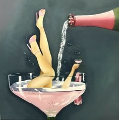 a painting of a woman laying in a martini glass being filled with water from a bottle