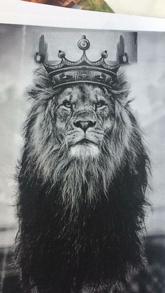 a black and white photo of a lion with a crown on it's head