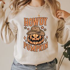 - 8 oz., 50% USA cotton, 50% polyester - Pill-resistant air jet yarn - Unisex Sizing- Will not shrink when washed/dried- Runs true to size, Size up for oversized look Fall Cotton Sweatshirt With Screen Print, Cotton Sweatshirt With Screen Print For Fall, Fall Cotton Sweater With Screen Print, Howdy Pumpkin, Pumpkin Scarecrow, Pumpkin Sweatshirt, Forest Light, Pumpkin Sweatshirts, Charcoal Color