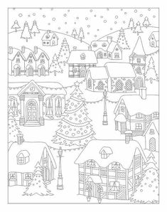 a christmas scene with houses and trees in the snow, black and white coloring book page