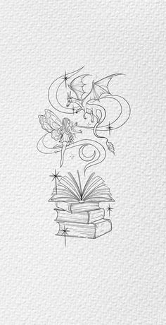 a drawing of books and flowers on top of each other