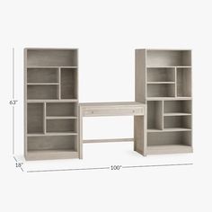 the standard bookcase and desk are shown with measurements for each shelf in this image