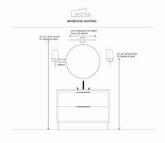 a bathroom vanity with an oval mirror and two lights on the wall, along with measurements