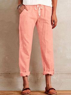 Affordable price buy Pants on JustFashionNow, SPU: 21NPA66D76A, Color: Pink, Material:Linen, Activity:Daily. Drawstring Waist Shorts, Cruise Outfits, Loose Pants, Elegant Shirt, Crop Pants, Weekend Wear, Rolled Hem, Type Of Pants, Slim Fit Pants