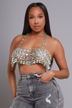 Glamorous Fitted Crop Top With Rhinestones, White Beaded Crop Top, Sleeveless Beaded Fitted Crop Top, Glamorous Silver Crop Top With Rhinestones, Glamorous Cropped Rhinestone Crop Top, Chic Top, Silver Tops, Beaded Chandelier, Sparkling Crystal