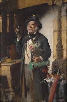 an old man in a top hat and coat holding a pipe with his right hand