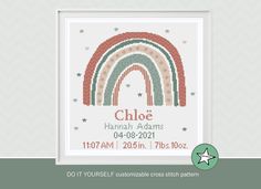 a cross stitch pattern with the name and image of a rainbow in red, green, blue