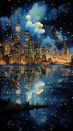 a painting of a city at night with the lights on and stars in the sky