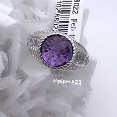 Brand New Sterling Silver Band Ring With Amethyst Gemstone Center And Diamonique Accents 3.10 Total Carats Of A Domed Bezel-Set, Checkerboard-Cut Genuine Amethyst Gemstone Channel-Set Baguettes And Bead-Set Diamonique Simulated Diamonds Total 0.75 Total Carats High Polished, Rhodium-Plated 925 Sterling Silver, With Twisted Rope And Berge-Textured Details Size 6 Measures 3/8” X 3/4” Msrp Of $400 Will Come Gift Boxed Next Day Shipping Luxury White Gold Amethyst Ring With Gemstone Accents, Luxury Silver Amethyst Ring, Luxury Silver Ring With Gemstone Accents, Luxury Silver Rings With Gemstone Accents, Luxury Purple Round Jewelry, Luxury Sterling Silver Amethyst Ring For Anniversary, Silver Gemstone With Bezel Setting For Formal Occasions, Formal Silver Gemstone With Bezel Setting, Luxury Purple Amethyst Ring In Sterling Silver