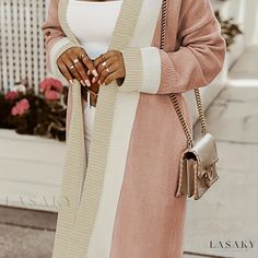 Lasaky - Womens Clothing: Professional Color Block Open Front Knit Cardigan with Casual Long Sleeves and Mid-Length Design Pink Open Front Knit Sweater, Casual Long Pink Cardigan, Pink Long Cardigan For Fall, Long Pink Cardigan For Layering, Long Beige Sweater For Spring, Long Pink Sweater Coat For Fall, Long Pink Sweater Coat For Spring, Pink Long Sweater Coat For Fall, Pink Open Front Sweater For Layering