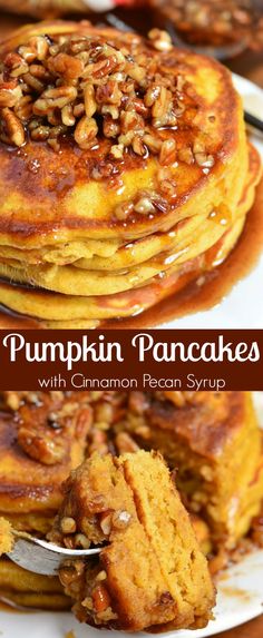 pumpkin pancakes with cinnamon pecan syrup are stacked on top of each other and ready to be eaten