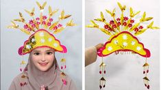 a woman wearing a yellow hat with red flowers on it