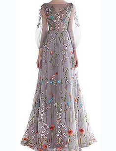 A-Line Floral Wedding Guest Prom Dress Boat Neck 3/4 Length Sleeve Floor Length Tulle with Embroidery 2020 Prom Dresses Floral, فستان زهري, Floral Dress Wedding Guest, Floral Wedding Guest, Cheap Prom Dresses Online, Dresses For, Valentines Day Dresses, Floral Wedding Dress, Elegant Maxi Dress