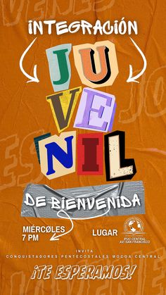 the poster for an event with words in spanish and english on orange paper, which reads juvenil de reinencia