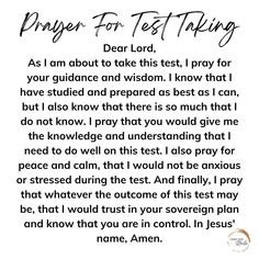 prayer for test taking with the words dear lord, as i am about to take this test, i pray for your guidance and wisdom