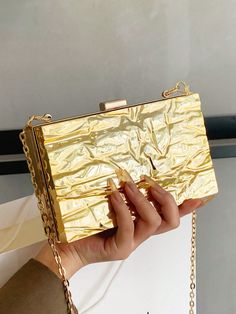 New Fashion Personality Ice Crack Clip Gold Box Chain Bag, Korean Simple Literary Fashion Trend Shoulder Messenger Bag, Suitable For Office, Going Out, Dating, Shopping, Shopping, Gift Giving, Travel, Commuting Gold Glamorous   PMMA Plaid,Plain,All Over Print,Textured Pattern Square Bag   Women Bags, size features are:Bust: ,Length: ,Sleeve Length: Chic Portable Evening Bag For Gift, Chic Compact Evening Bag For Gift, Chic Portable Evening Bag As Gift, Chic Evening Bag For Gift, Gold Square Box Bag Fashion Accessory, Gold Box Bag With Chain Strap As Fashion Accessory, Chic Portable Clutch For Gift, Chic Portable Clutch Gift, Trendy Square Evening Bag For Gift