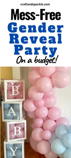 a baby shower party with balloons and blocks on the floor, including a sign that says gender reveal party