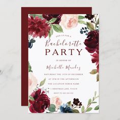 the burgundy floral bachelor party card is shown on top of a marble table with red and white flowers