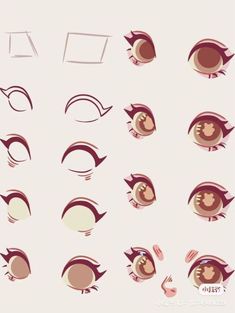 various types of eyes with different shapes and haircuts on the sides, all in brown