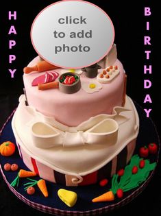 a birthday cake that has been decorated with food and words on the top, says happy birthday to add photo