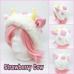 there is a crocheted unicorn hat with pink hair