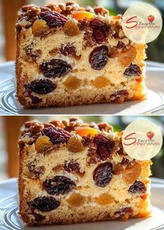 two pictures of a piece of cake with raisins and nuts on it, one is half eaten