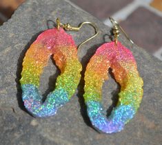 "I Love These  Rainbow Hologram Earrings! Faux Geode Earrings Are a Little Bit Transparent-Depending How The Light Hits them. They Are So Pretty!  Perfect for Spring Such a Rainbow When The Light Hits Earrings Measure About 1 3/4\" x 7/8\" Nice Lightweight Earrings Choose Goldtone or Silvertone Wires at Check Out.  Silver Not Pictured Nickle Free Wires Earrings May Vary Slightly From Photos Your Earrings Will Arrive In an Organza Bag -Ready For Gift Giving. Made From Epoxy Resin" Flower Fairy Lights, Blue Statement Earrings, Pride Earrings, Fantasy Earrings, Rainbow Holographic, Unicorn Earrings, Pride Jewellery, Christmas Magnet, Geode Earrings