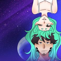 two anime characters with green hair and blue eyes are facing each other in front of the stars