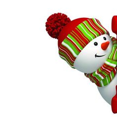 a snowman is wearing a red and green striped hat with a pom - pom