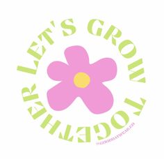 a pink flower is in the center of a green and yellow circle with words written below it