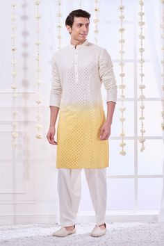 Yellow ombre straight kurta with tonal chikankari embroidery highlighted with mirror like work. Comes with solid pyjama. - Aza Fashions Festive Cotton Kurta With Cutwork, Festive Straight Kurta With Cutwork, Straight Kurta With Cutwork For Navratri, Cutwork Straight Kurta For Navratri, Straight Cutwork Kurta For Navratri, Eid Cutwork Straight Kurta, Festive Cutwork Kurta For Navratri, Unstitched Festive Kurta With Cutwork, Designer Cutwork Kurta For Eid