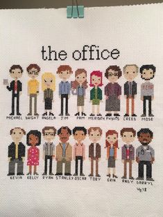 the office cross stitch pattern is hanging on a clothes line, and there are many people in it