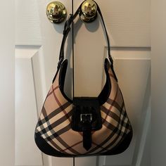 Authentic. Burberry Black/Beige Nova Check Pvc And Patent Leather Brooke Hobo. Perfect, Like New Condition. Patent Leather Handbags, Burberry Black, Burberry Bag, Leather Handbag, Patent Leather, Shoulder Bags, Burberry, Bag Lady, Like New