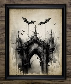 a painting with bats flying over an old building in black and white, on a wooden wall