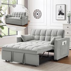 a living room with a couch and ottoman