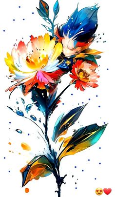 an artistic painting of colorful flowers on a white background with water drops and hearts around it