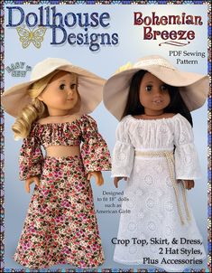 two dolls in dresses and hats with the words dollhouse designs on it's front