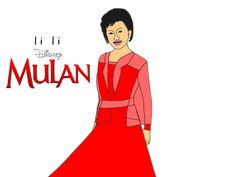 a woman in a red dress with the words mulan on it